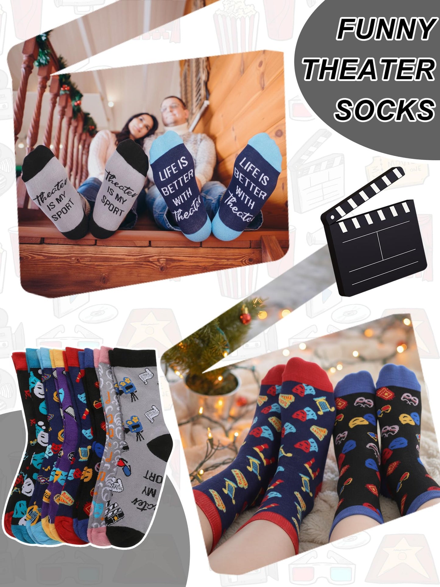 8 Pairs Funny Theater Socks Gifts for Men Women Novelty Drama Broadway Casual Crew Socks Theater Lover Gifts for Birthday Christmas