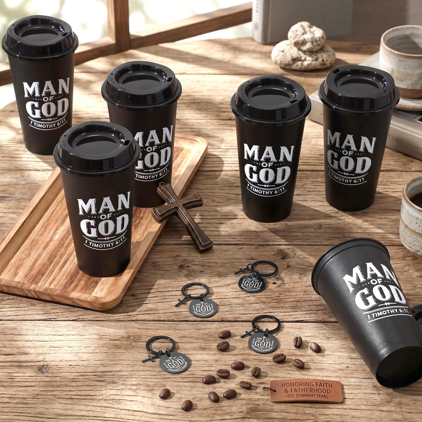 LemonRoad 40 Pcs/ 20 Sets Fathers Day Christian Gifts Man of God Bulk 16oz Reusable Coffee Cups with Lids Man of God Keychains Cross Gifts for Church Religious Men Dad Godfather Coworkers Employee