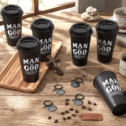 LemonRoad 40 Pcs/ 20 Sets Fathers Day Christian Gifts Man of God Bulk 16oz Reusable Coffee Cups with Lids Man of God Keychains Cross Gifts for Church Religious Men Dad Godfather Coworkers Employee