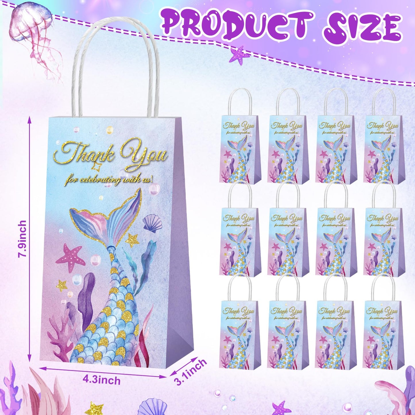 Fumete 20 Pcs Mermaid Gift Bags Mermaid Party Favor Bags Thank You Goodie Candy Treat Containers with Handles for Birthday Baby Shower Party Decoration Supplies(Mermaid Tail)
