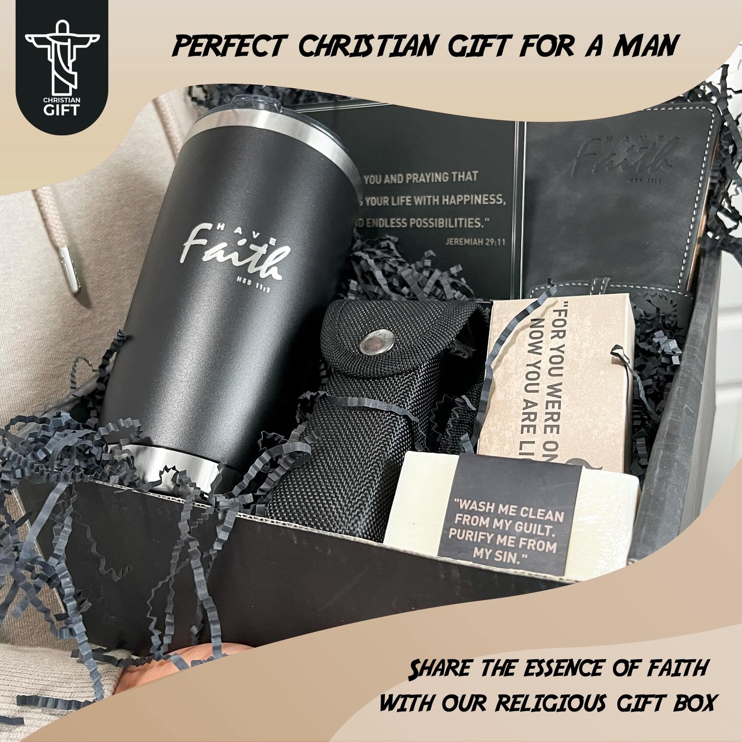 DEHITE Christian Gifts for Men - Religious Gift Basket for Men - Insulated Tumbler - Black Premium Faux Leather Notebook - Multitool Pocket Knife - Christian Gift Box for Father