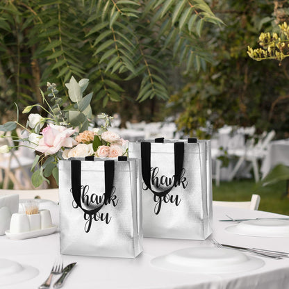 Fumete 50 Pcs Silver Glossy Thank You Gift Bag with Handles 8 x 4 x 10 Inch Non Woven Reusable Gift Bags for Graduation Fathers Day Wedding Birthday Party Engagement Anniversary Holidays
