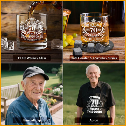 70th Birthday Gifts for Men Whiskey Glass Set, 70th Birthday Party Supplies with 11 Oz Whiskey Glass Coaster Stone Baseball Cap Apron Sock Toilet Paper Keychain for Him, Dad, Husband, Friends