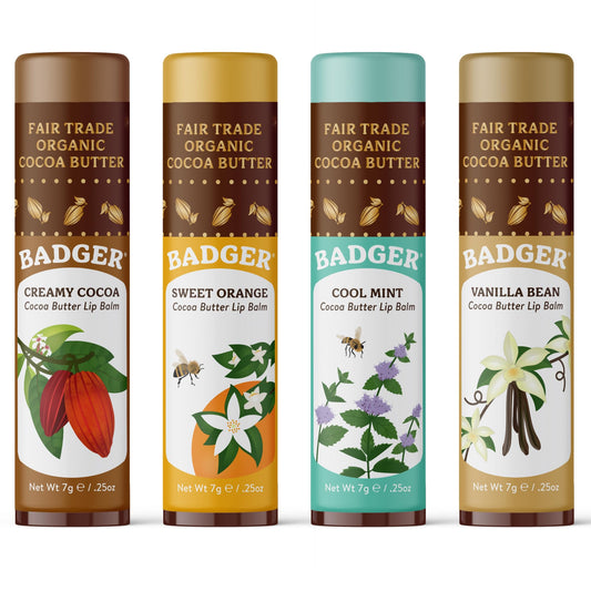 Badger Cocoa Butter Lip Balm Set, 100% Organic, Long Lasting Lip Moisturizers, Lip Care Variety Pack (Cocoa, Orange, Mint & Vanilla), All Natural Lip Balms, 4-pack