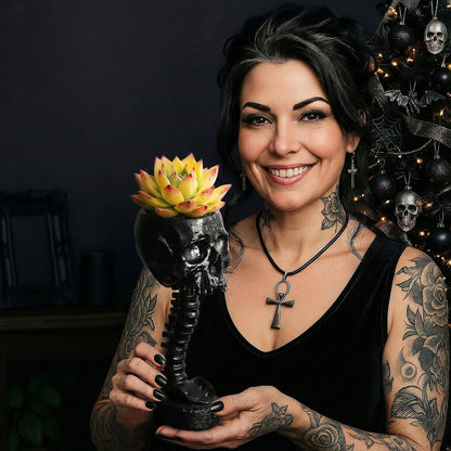 Skull Planter Spine Gothic Vase - Black Skull Candy Bowl, Horror 11.6" Halloween Flower Vase Goth Decor, Spooky Home Decor Skeleton Planter Pot, Candle Holder, Spooky Gifts For Women, Men, Girlfriend.