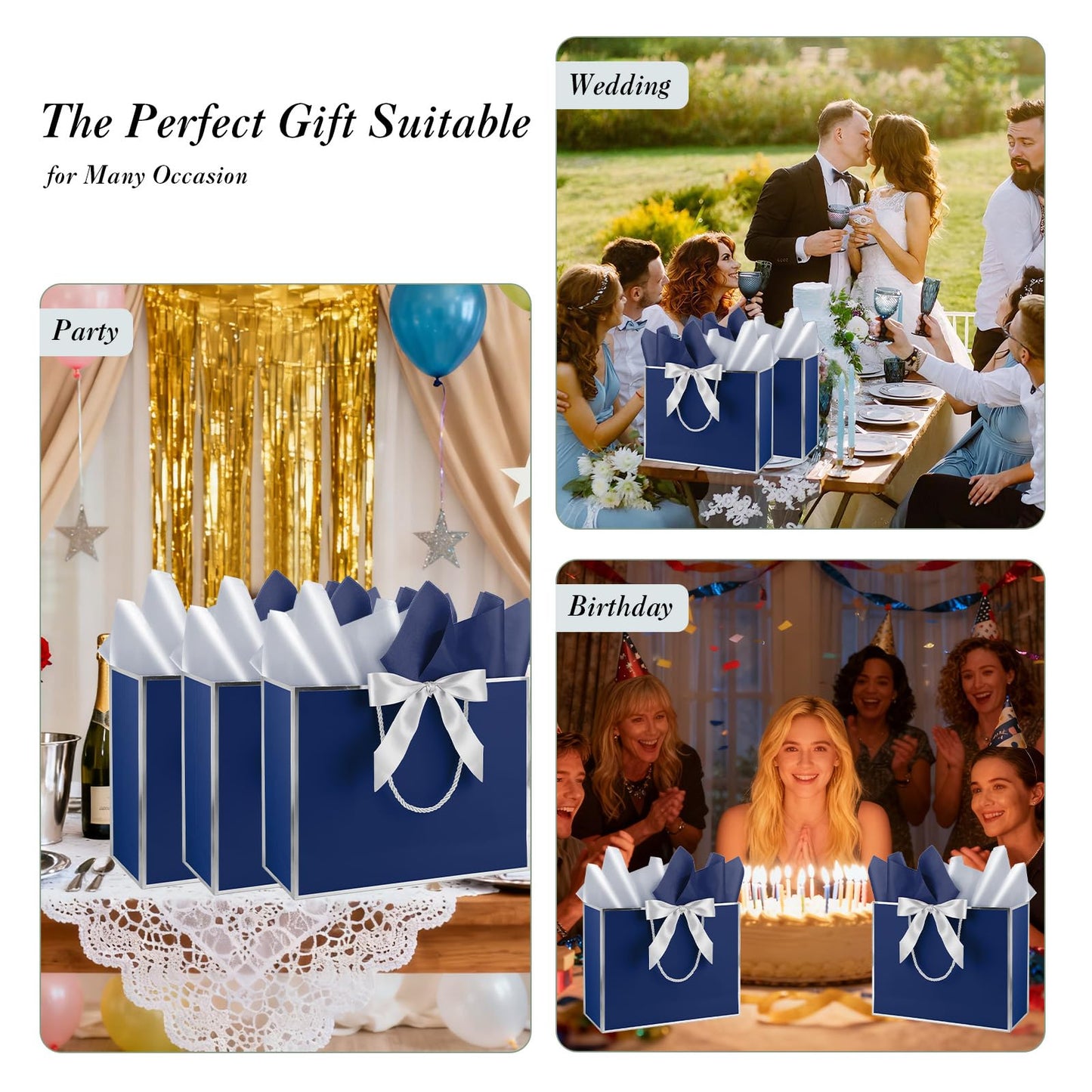 Addblu 12 Pack Large Navy Blue Gift Bags with Handles, 12.6x10x4'' Includes 36 Tissue Papers, Bow Ribbon & Cards for Wedding, Birthday, Bridesmaid, Groomsmen, Valentine's Day, Easter (Blue and Silver, 12pcs)