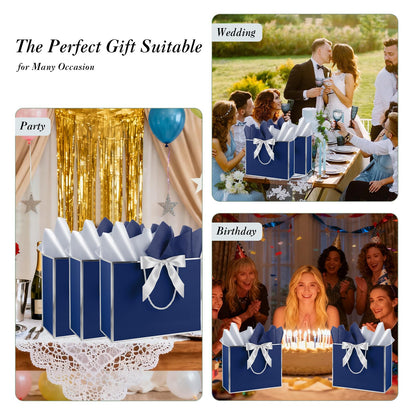 Addblu 12 Pack Large Navy Blue Gift Bags with Handles, 12.6x10x4'' Includes 36 Tissue Papers, Bow Ribbon & Cards for Wedding, Birthday, Bridesmaid, Groomsmen, Valentine's Day, Easter (Blue and Silver, 12pcs)