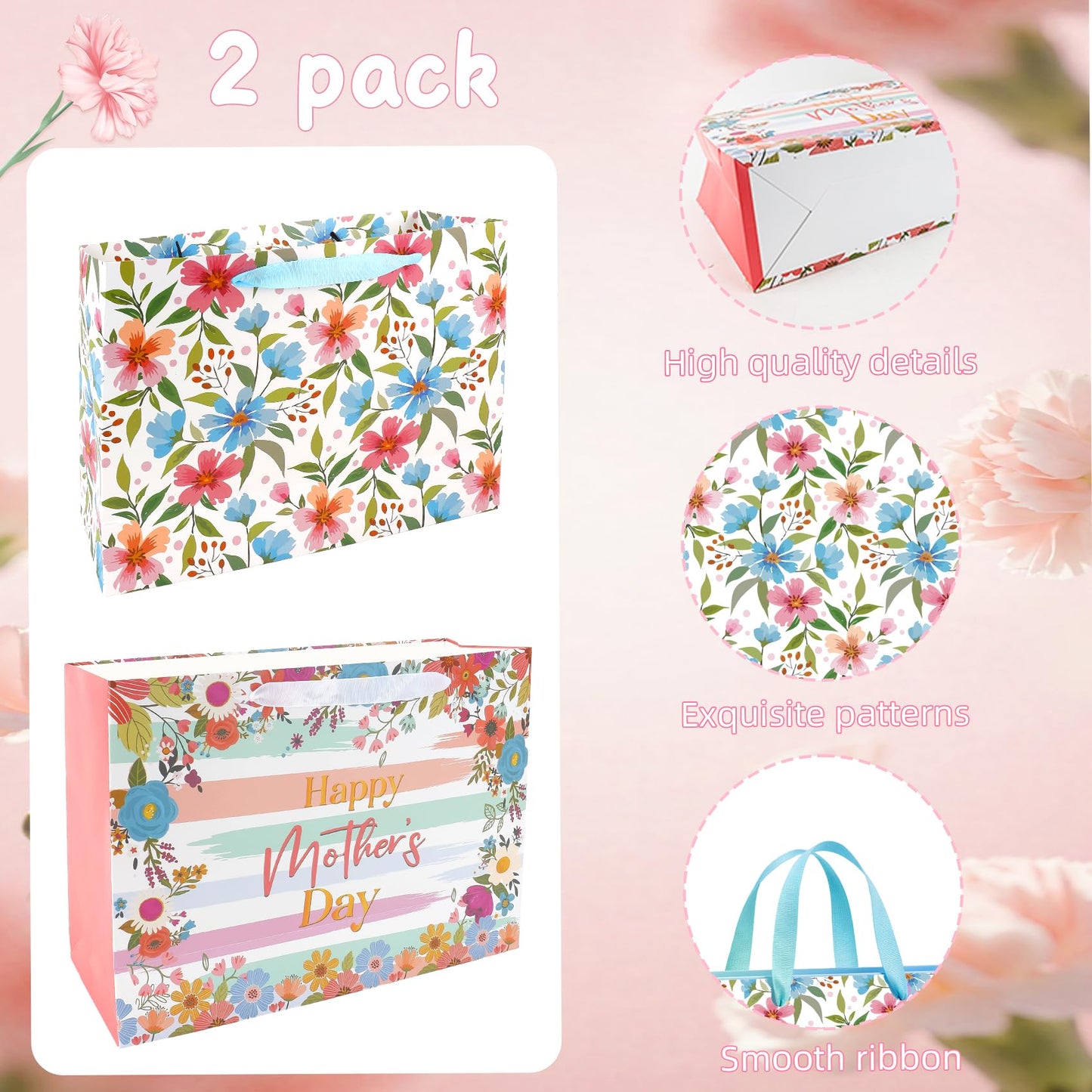 2 Pack 13" Large Mothers Day Gift Bags, Reusable Paper Mothers Day Floral Gift Bag with Handles Elegant Mothers Gift Wrap Bags with Flowers Pattern Design for Woman Moms Grandmas Gift Wrapping Supplie