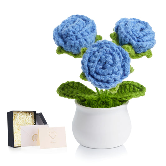 LAIDANLA Crochet Flowers Blue Roses Mini Potted, Handmade Blue Rose Anniversary Appreciation Birthday Gifts for Women Friend Teacher Coworker Mom Sister Knitted Flower for Desk Car