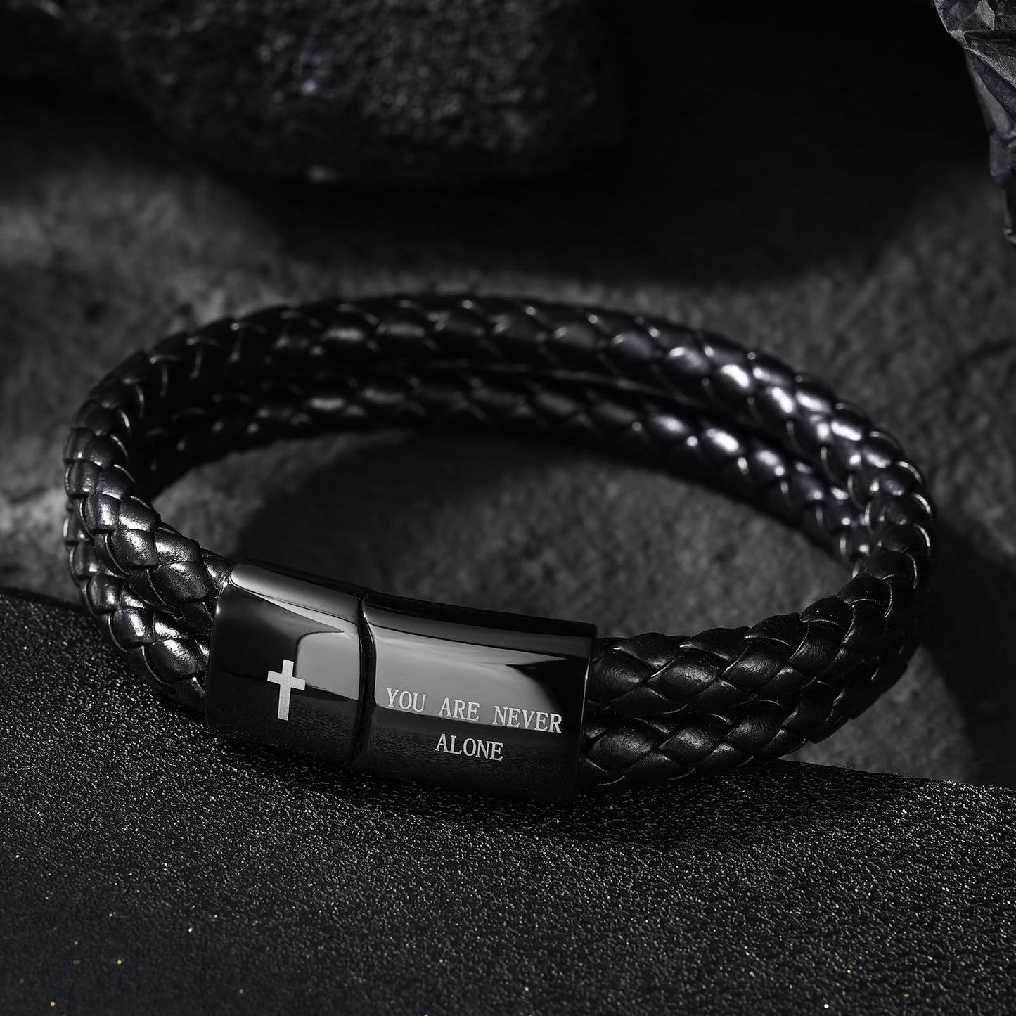 Men's Leather Bracelet with Cross Bible Verse, Double Layer Black Genuine Leather Bracelet for Men, Christian Religious Baptism Easter Gift for Men Dad Husband Boyfriend Grandson Son