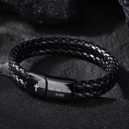 Men's Leather Bracelet with Cross Bible Verse, Double Layer Black Genuine Leather Bracelet for Men, Christian Religious Baptism Easter Gift for Men Dad Husband Boyfriend Grandson Son