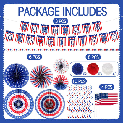 Us Citizenship Party Decorations - 31 Pcs Concrats New Citizen Banner Garland Hanging Swirls Paper Fans Pom Poms Americal Flags Decor Set Oath Ceremonies Patriotic Gift Ideas Supplies