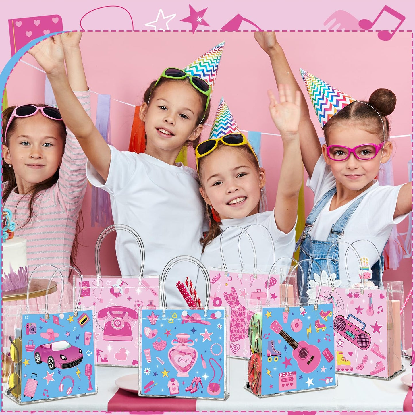 Aliceset 24 Pcs Gift Bags with Handle Clear PVC Candy Treat Goodies Tote Bags for Summer Birthday Party Favor Supplies
