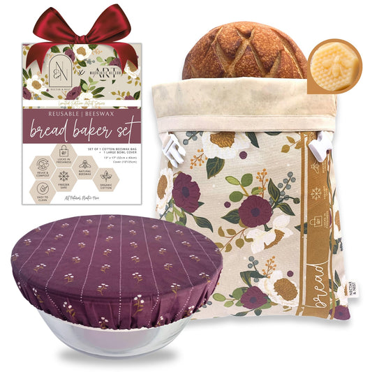 Nectar & Nest Bread Baker Set, Reusable Beeswax Bread Bags for Homemade Bread, Sourdough Bag, Organic Cotton Beeswax Bowl Cover, Limited-Edition Artist Series (December Blooms by Mackenzie Nelson Art)