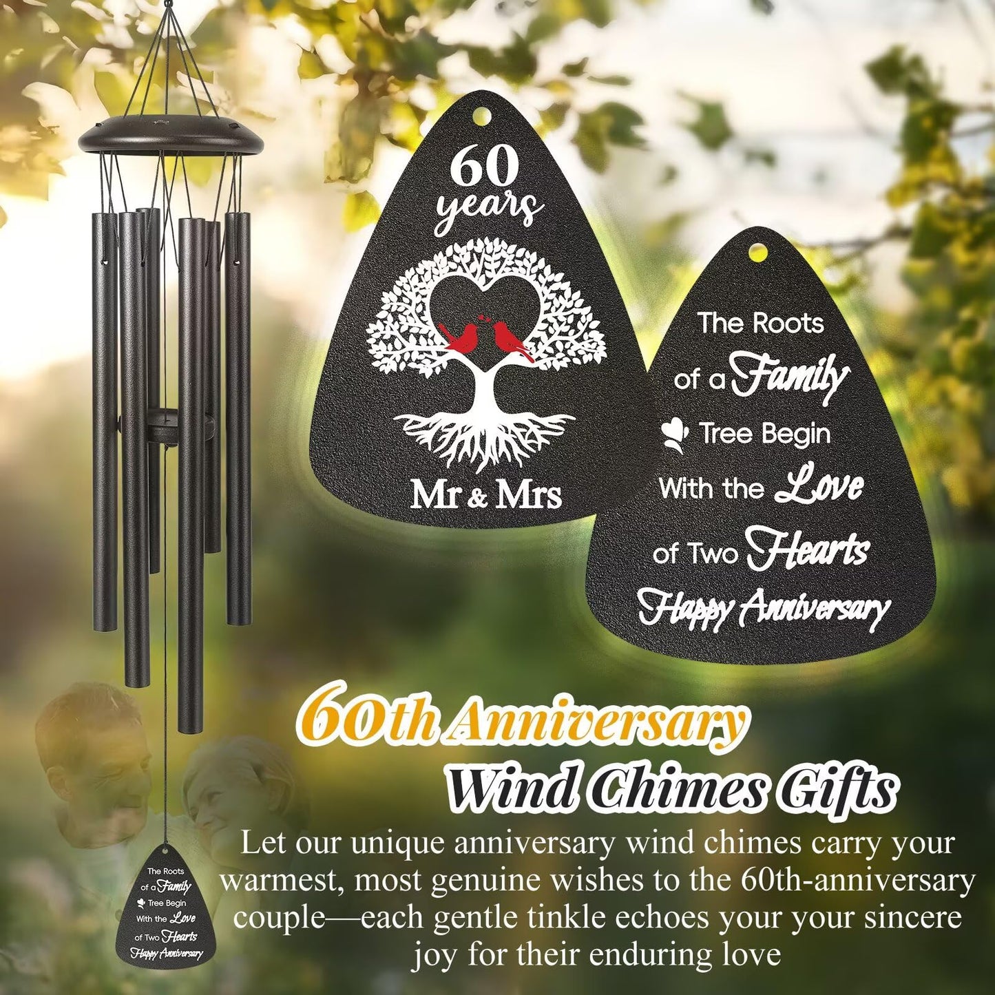 60th Anniversary Wind Chimes Gifts for Men Women,Romantic 60 Year Anniversary for Couples, Wife, Husband, Parents, Friends, 60th Wedding Gifts Idea of Happy Anniversaries Decorations,Black
