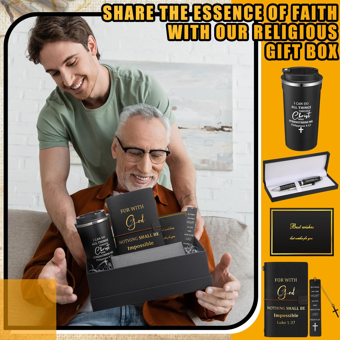 6 Pcs Father's Day Christian Gift Set for Men Inspirational Religious Faith Gift with 17oz Tumbler Notebook Bookmark Pen and Greeting Card for Father Dad Husband Grandpa Friends(Black)