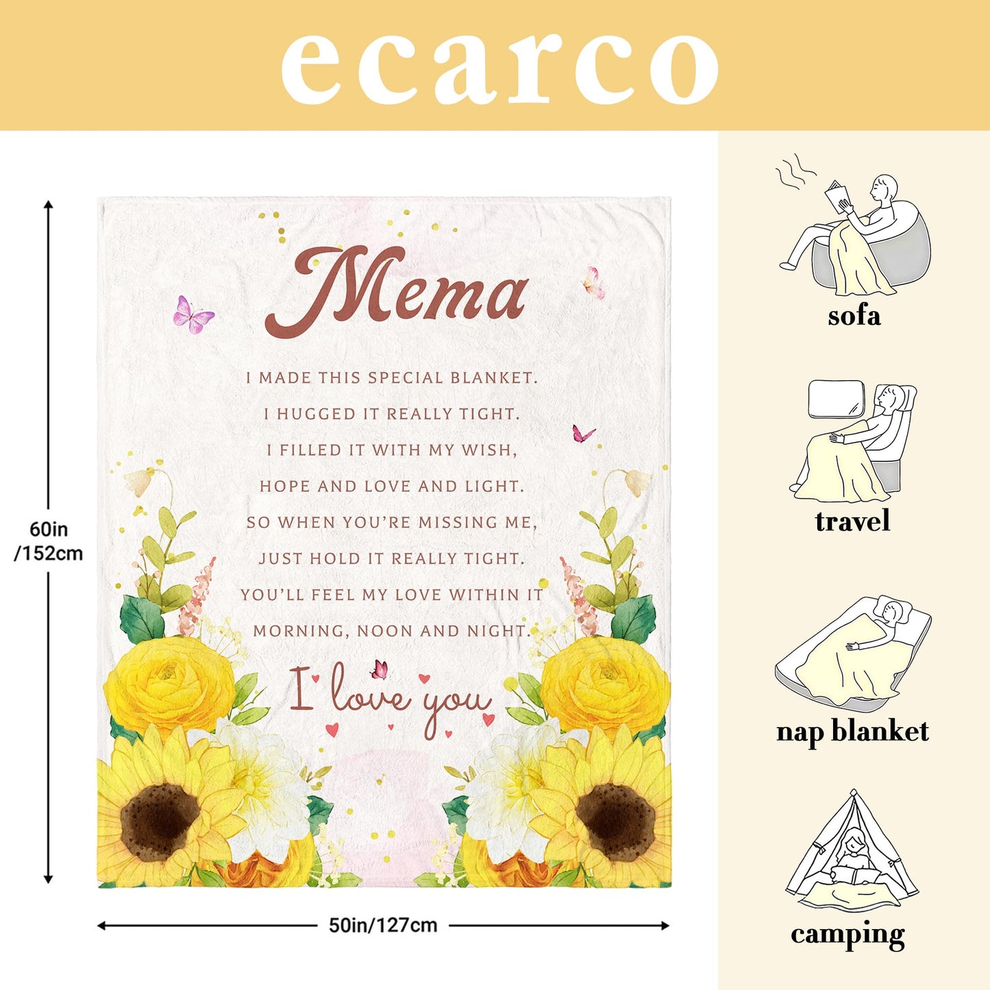 Mothers Day Mema Gifts - Gifts for Mema Mother's Day - Mema Gifts from Grandchildren - Birthday Gift for Mema Sunflower Flannel Throw Blanket 60" x 50"