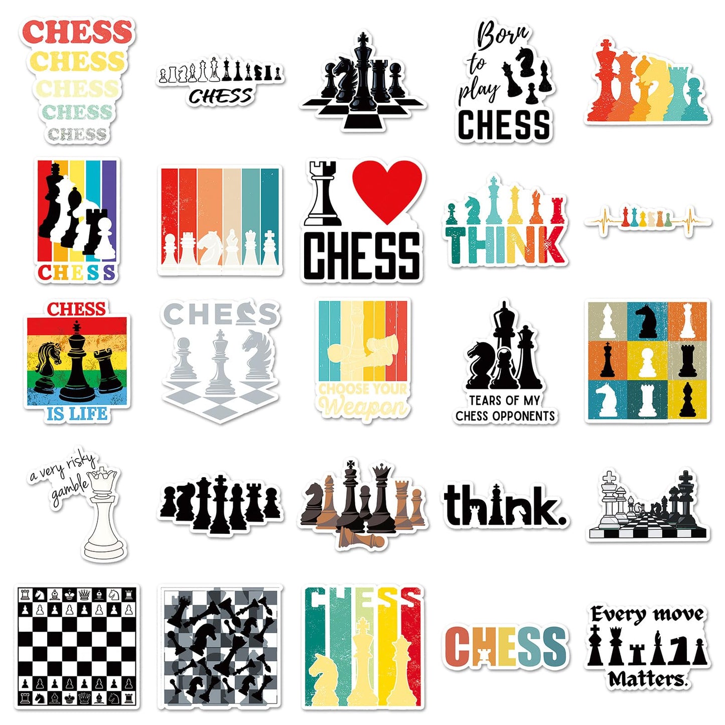 50 Pcs Unique Chess Stickers, 1.5-3 Inches Waterproof Vinyl Decals for Journals, Locker, Room Decor, Ideal for Chess Lovers Kids Adults