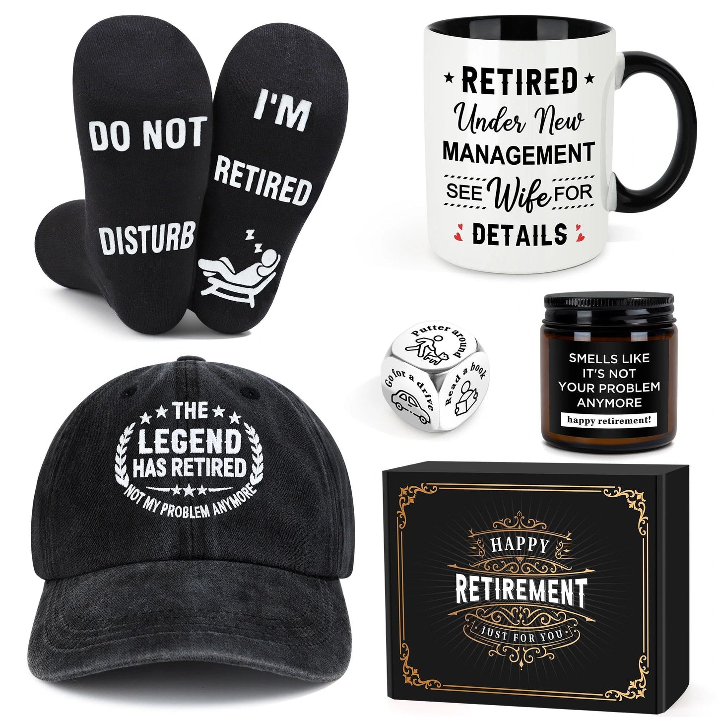Launrada Retirement Gifts for Men 2026 Retired Gifts for Men Happy Retirement Decorations for Man The Legend has Retired Gift Ideas for Man Includes Mug Hat Candle Socks Dice