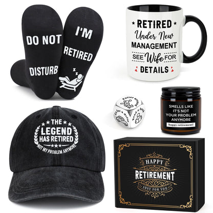 Launrada Retirement Gifts for Men 2026 Retired Gifts for Men Happy Retirement Decorations for Man The Legend has Retired Gift Ideas for Man Includes Mug Hat Candle Socks Dice