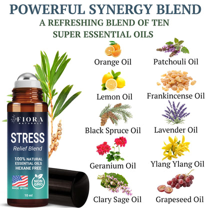 Stress Relief Essential Oil Roll On – Calming Essential Oils Blend for Relaxation & Wellness Rituals - Aromatherapy Roller, Destress Gifts for Women & Men by Fiora Naturals