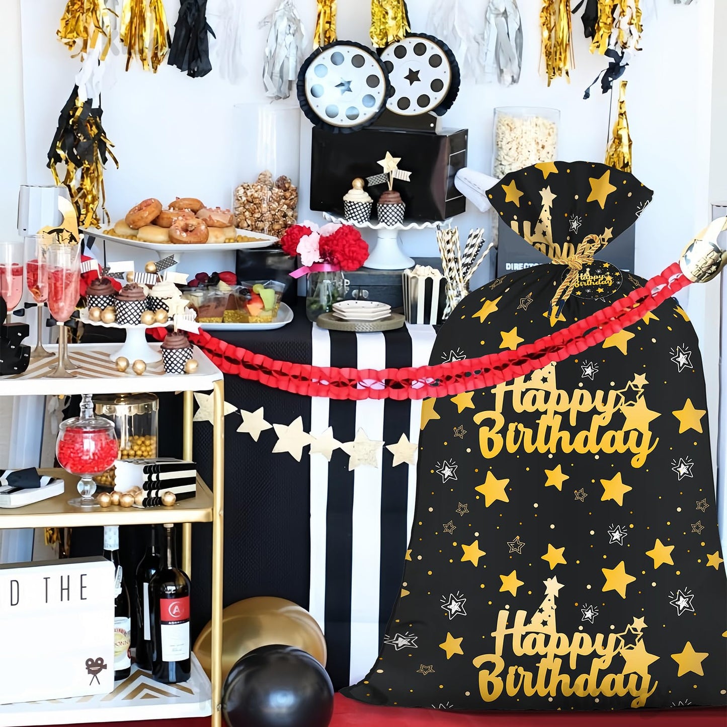 Extra Large Birthday Plastic Gift Bags Boys Black and Gold 36x56 Inch Jumbo Black Gift Bag XL Happy Birthday Themed Kids Women Men Party Favors Decorations Golden Star