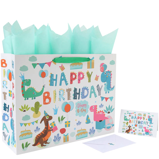 16.5” Extra Large Dinosaur Happy Birthday Gift Bag Set with Handles, Greeting Card, Tissue Papers and Stickers for 1st Birthday 2 Year Old Boys’, Girls', or Kids' Party, Newborn, New Moms or Parents, 1 Pcs