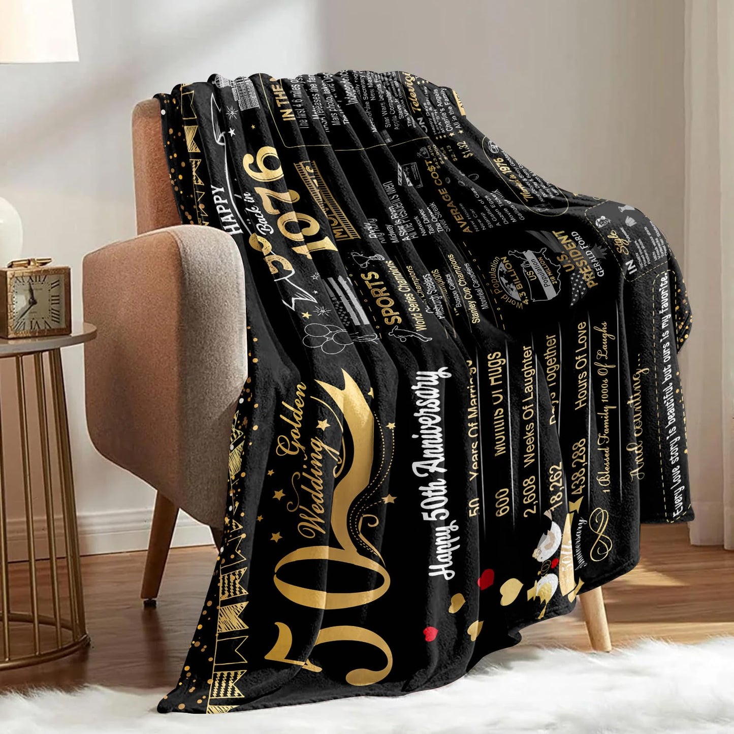 elseven 50th Anniversary Wedding Gift 50th Wedding for Her 50 Year Anniversary for Couples Wife Husband Best Anniversary Blanket Present Throw Blanket 50x60 Inch, Golden
