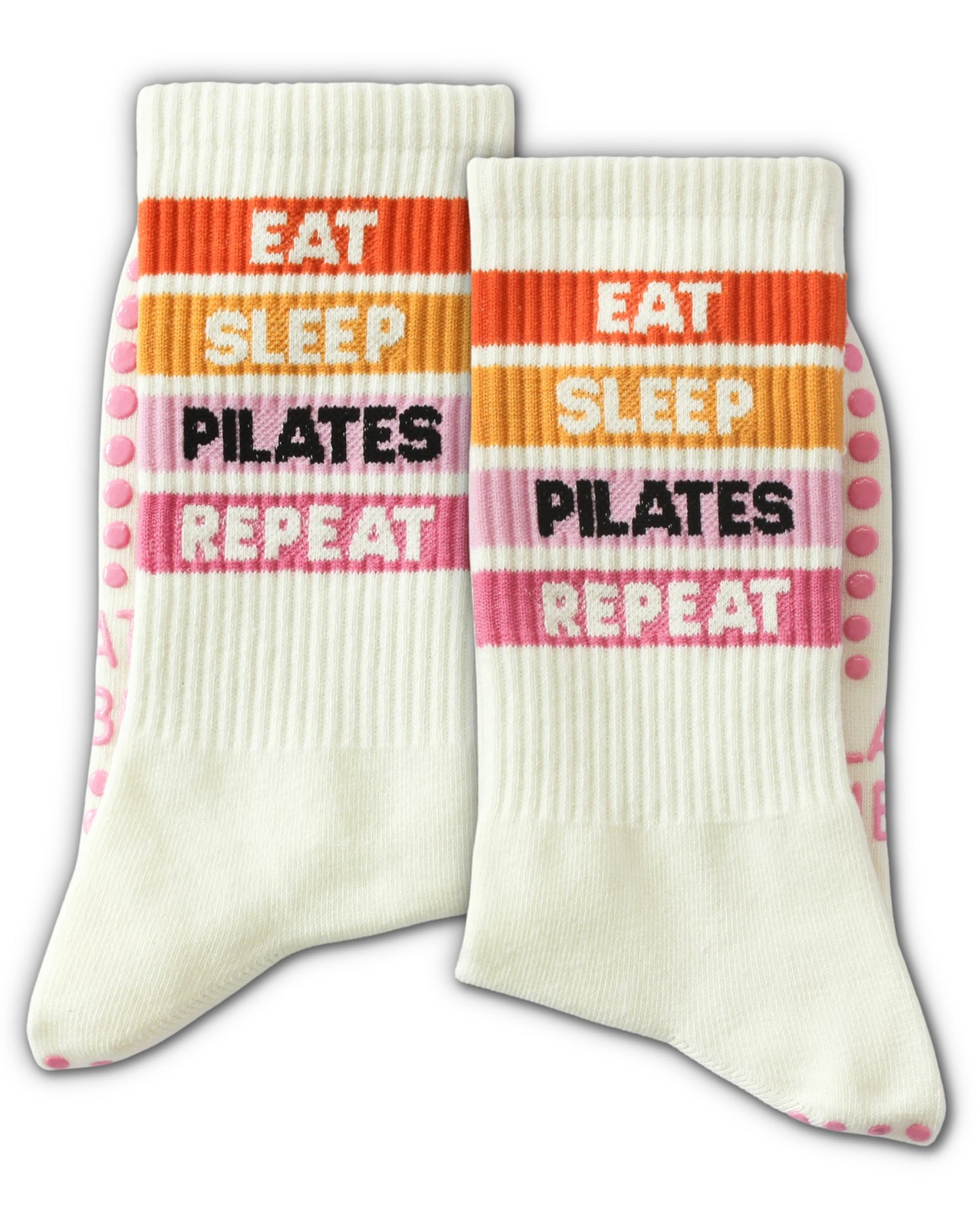 Cute Pilates Socks - Eat Sleep Pilates Repeat Sign Best Studio Gifts for Women and Girls - Beige Crew Grip Socks for Reformer Workout and Daily Pilate Life(183)