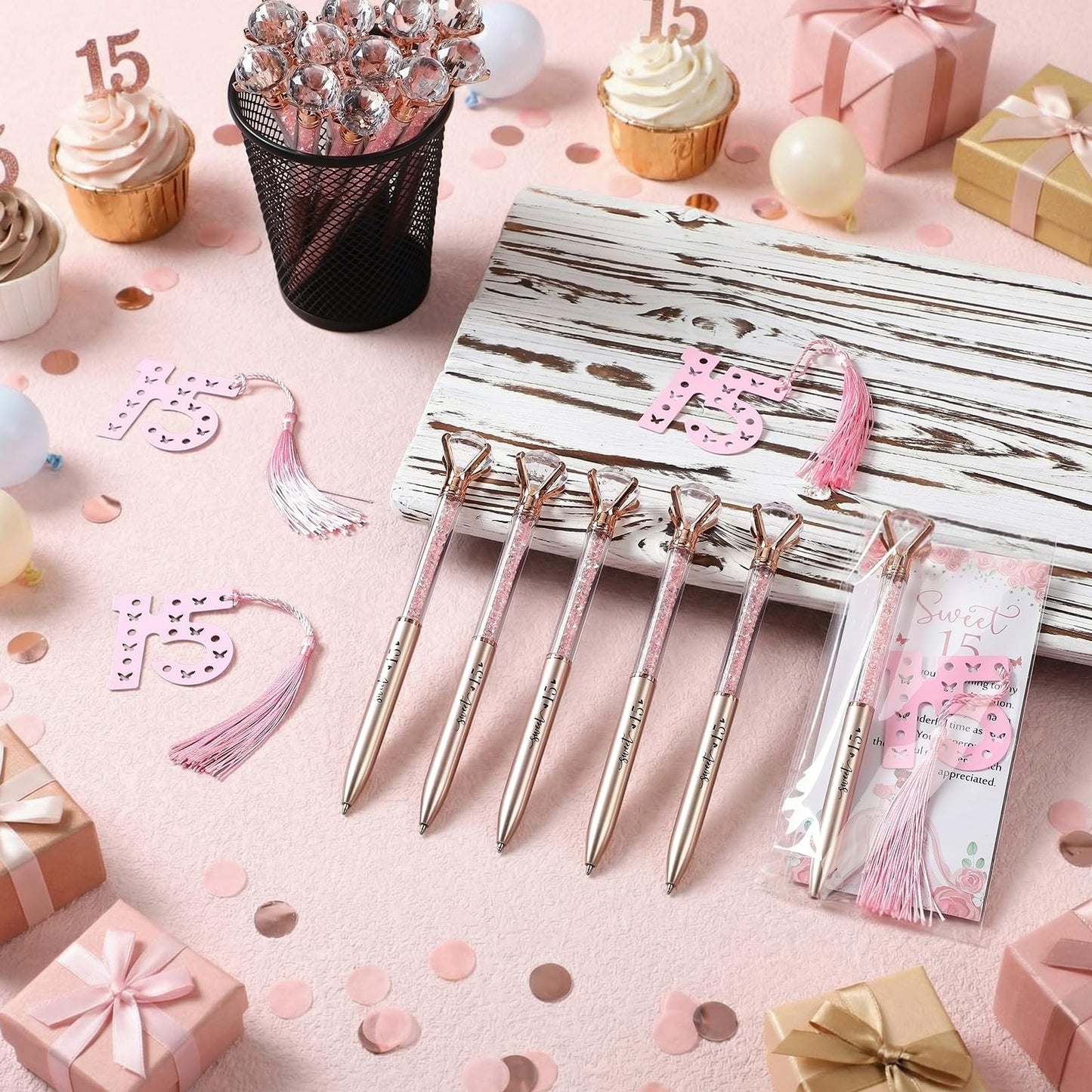 Sayglossy 120 Pcs Quinceanera Party Favors Sweet 15th Thank You Gifts Diamond Pens with Cards Bookmarks Retractable Ballpoint Bling Pens Recuerdos Para 15 Anos Quinceaneras Gifts for Guests(Rose Gold)