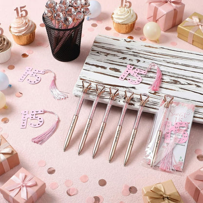Sayglossy 120 Pcs Quinceanera Party Favors Sweet 15th Thank You Gifts Diamond Pens with Cards Bookmarks Retractable Ballpoint Bling Pens Recuerdos Para 15 Anos Quinceaneras Gifts for Guests(Rose Gold)