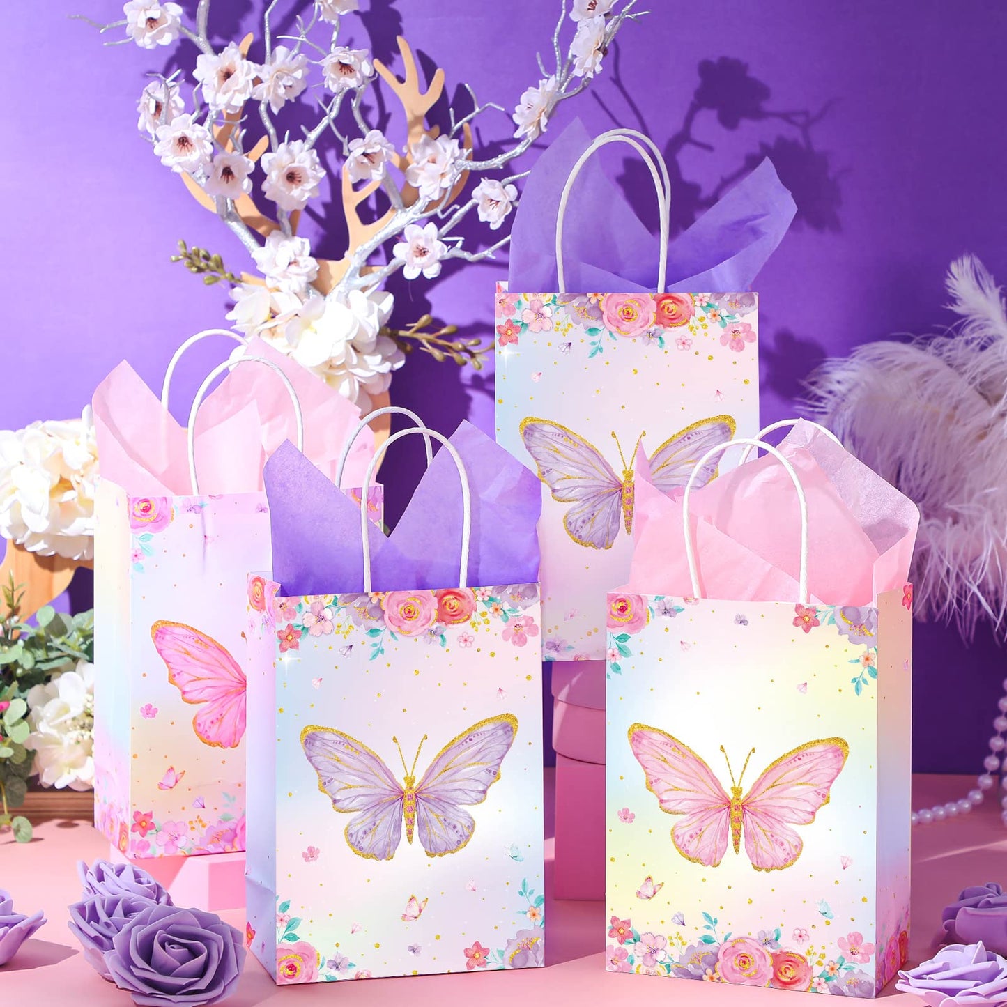 Leinuosen 16 Sets Butterfly Party Favor Bags, Butterfly Gift Bags with Tissue Paper, Pink Purple Floral Goodie Treat Totes for Birthday, Wedding, Baby Shower, Tea Party(Watercolor Style)
