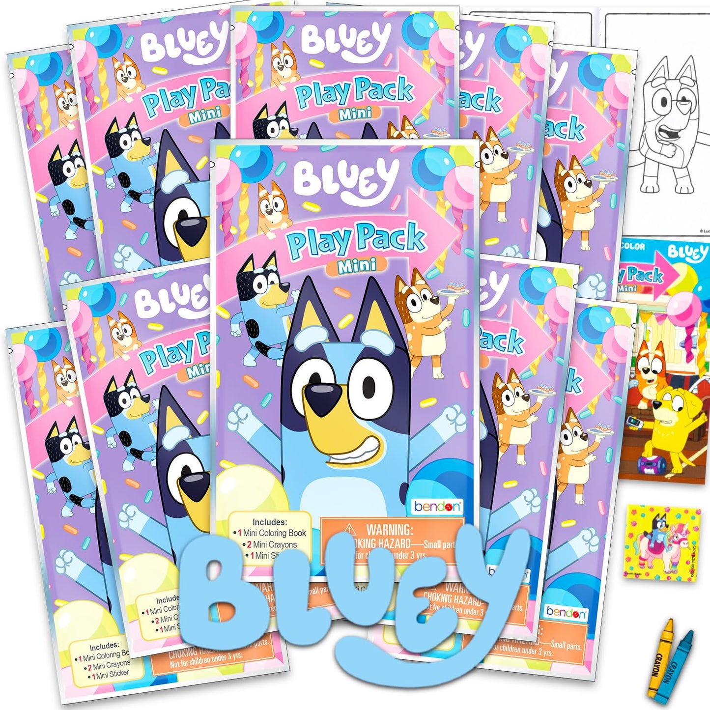 Bluey Play Packs | Goodie Bag Loot Bag Fillers | Party Favors | 10 Mini Play Packs | Bluey Coloring Pad, 2 Mini Crayons, and Sticker | 10-Pack | Officially Licensed