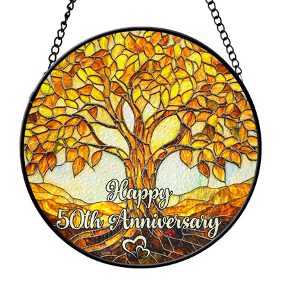 50th Wedding Anniversary Faux Stained Glass Suncatcher, 50 Years of Maried Anniversary Ornament, Golden Anniversary Window Hanging, Tree of Life Keepsake Suncatcher