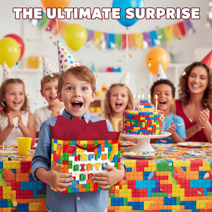 Elunpoe Building Brick Birthday Gift Bag Set with Matching Card & Red Tissue Paper, Colorful Block-Themed Happy Birthday Present Bag for Kids Boys Girls, School Favors, Party Gift Wrap Supplies, 13" x 4.9" x 10.2"
