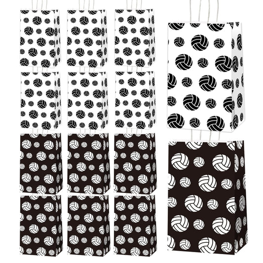 chiazllta 12 Pcs Volleyball Gift Bags for Team Black White Party Favor Paper Snack Goody Treat Bag with Handle Kids Boys Volleyball Kraft Candy Bags for Sport Theme Birthday Party Decorations Supplies