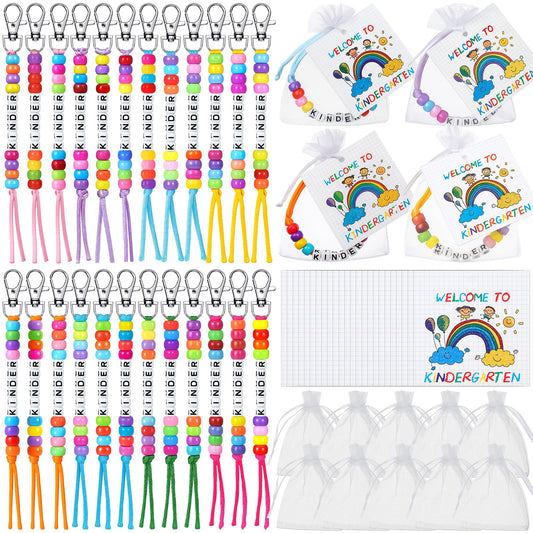 24 Packs Back to School Gifts for Student Kinder Themed Keychains Set for First Day of School Gift with Tags and Organza Bags for Kindergarten Classroom Reward Party Goodie Bag Stuffers