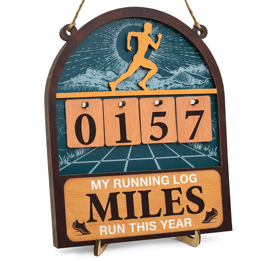 Miles Run This Year Tracker Sign - Wooden Yearly Running Log Counter Home Decor - Running Gifts for Women Men Runners, Marathon Runner Gifts