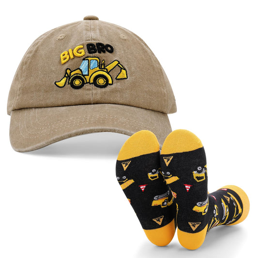 2 Pack Promoted to Big Brother Gifts for Boy Toddler, Includes 1 Big Brother Baseball Hat Toddler with Excavator Design 1 Pair Baby Boy Tractor Socks Light Khaki