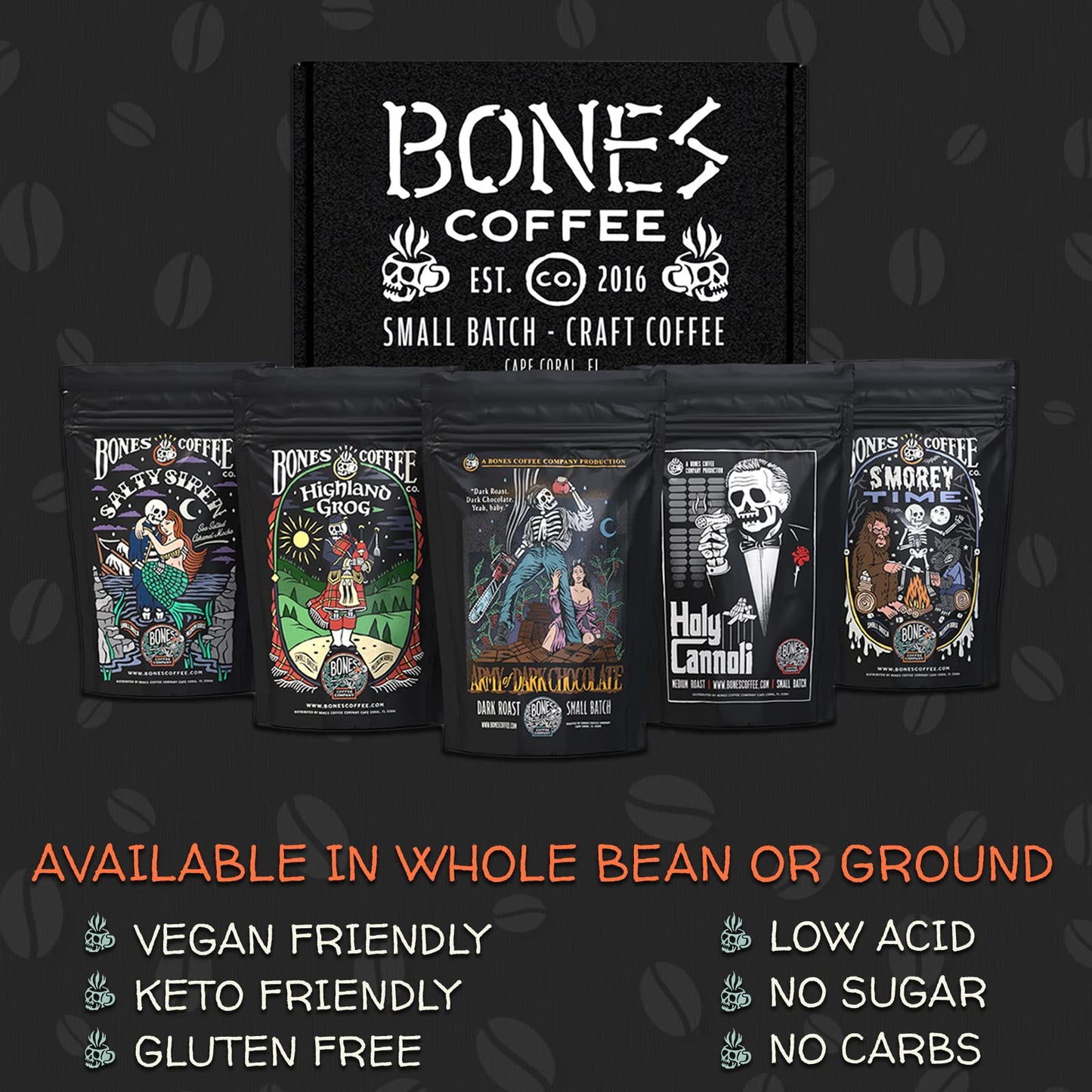 Bones Coffee Company NEW Favorite Flavors Sample Pack, Assorted Flavored Coffee Low Acid Medium Roast Arabica Beans Specialty Coffee Gifts, Auto Drip and French Press Compatible, 4 oz Pack of 5 Ground