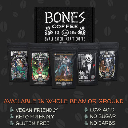 Bones Coffee Company NEW Favorite Flavors Sample Pack, Assorted Flavored Coffee Low Acid Medium Roast Arabica Beans Specialty Coffee Gifts, Auto Drip and French Press Compatible, 4 oz Pack of 5 Ground