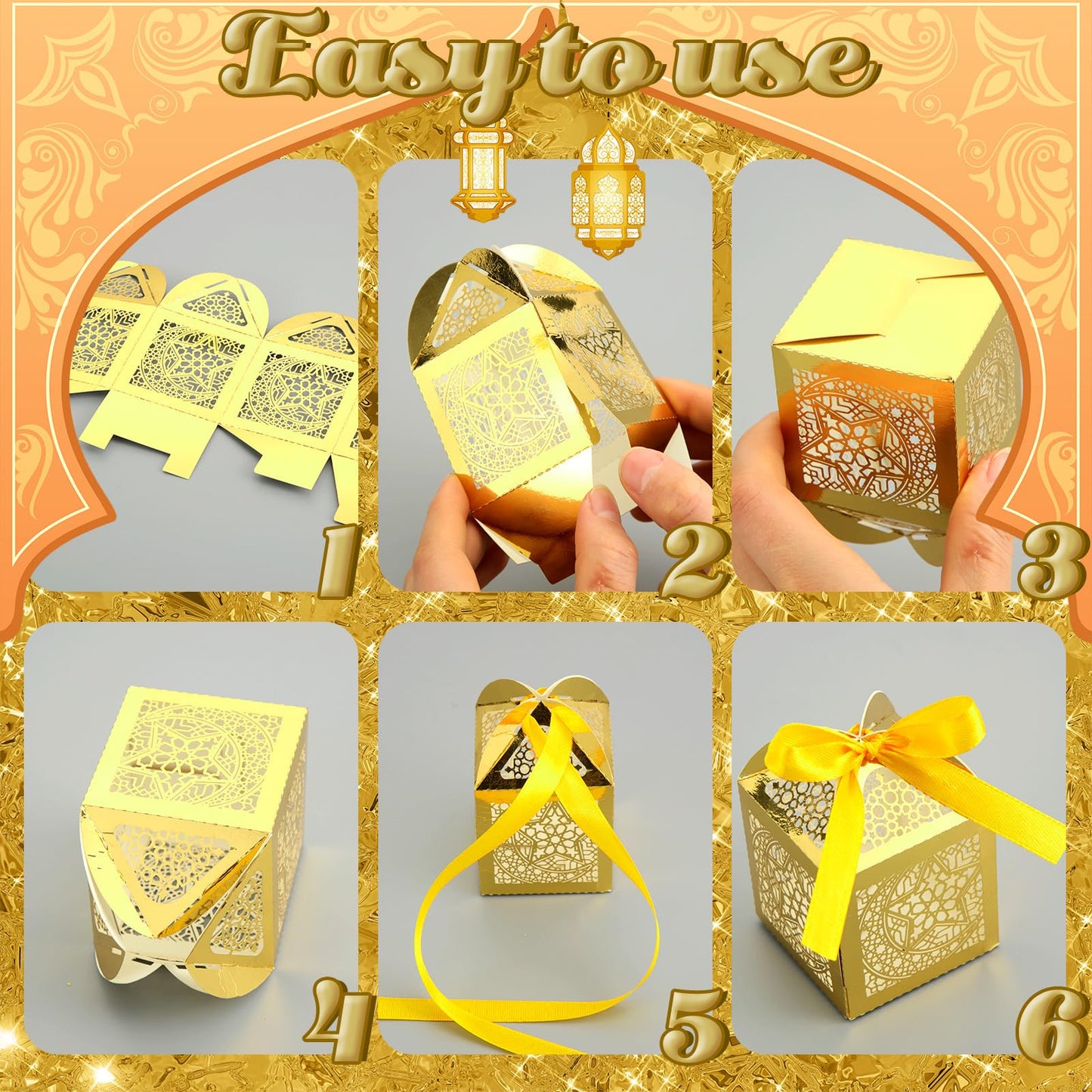 ReliThick 50 Pcs Ramadan Eid Mubarak Candy Box Set Ramadan Gift Boxes with Ribbons Muslim Party Favor Boxes Paper Thank You Gift Box for Eid Islamic Party Birthday Decorations(Star)