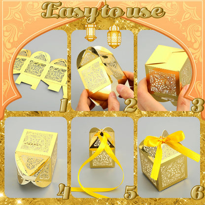 ReliThick 50 Pcs Ramadan Eid Mubarak Candy Box Set Ramadan Gift Boxes with Ribbons Muslim Party Favor Boxes Paper Thank You Gift Box for Eid Islamic Party Birthday Decorations(Star)