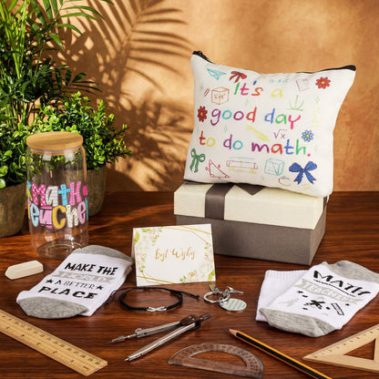 Remerry 7 Pcs Math Teacher Appreciation Gifts Include 16 oz Glass Cup Cosmetic Bag Socks Keychain Bracelet Card and Gift Box Ideas Thank You Basket for Math Teacher from Students