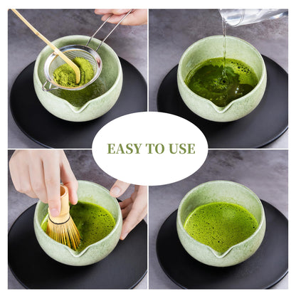 YIBO Matcha Whisk Set With Bowl, Ceramic Matcha Making Kit Includes Bamboo Whisk (Chasen), Holder Stand, Powder Starter Sifter, Scoop, Measuring Spoon & Cup Tea Tools For Ceremony (Mottled Green)