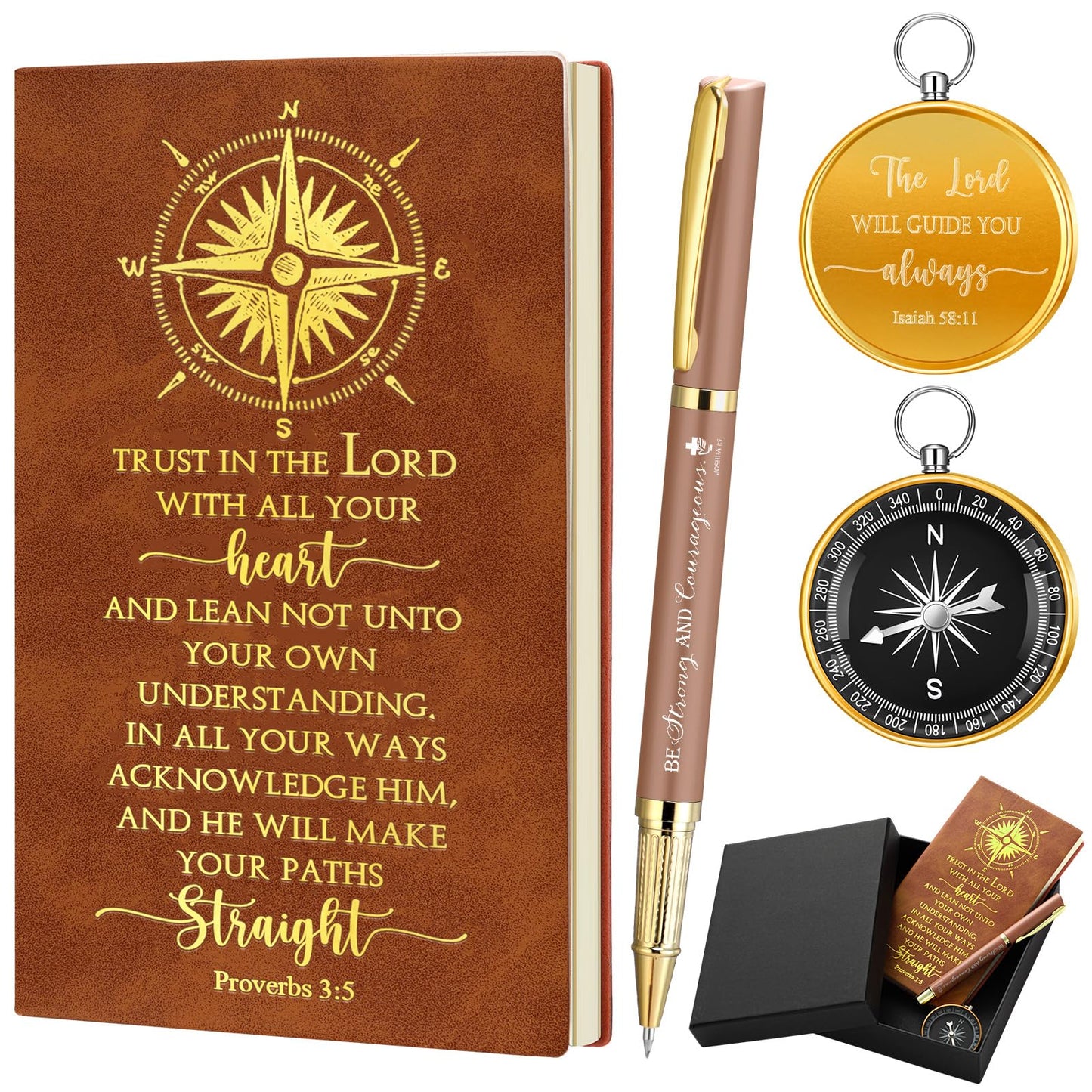 Fuyoooo 4 Pcs Christian Graduation Gifts Baptism Gift for Men Bible Journal Religious Engraved Compass Bible Pen for First Communion Father's Day