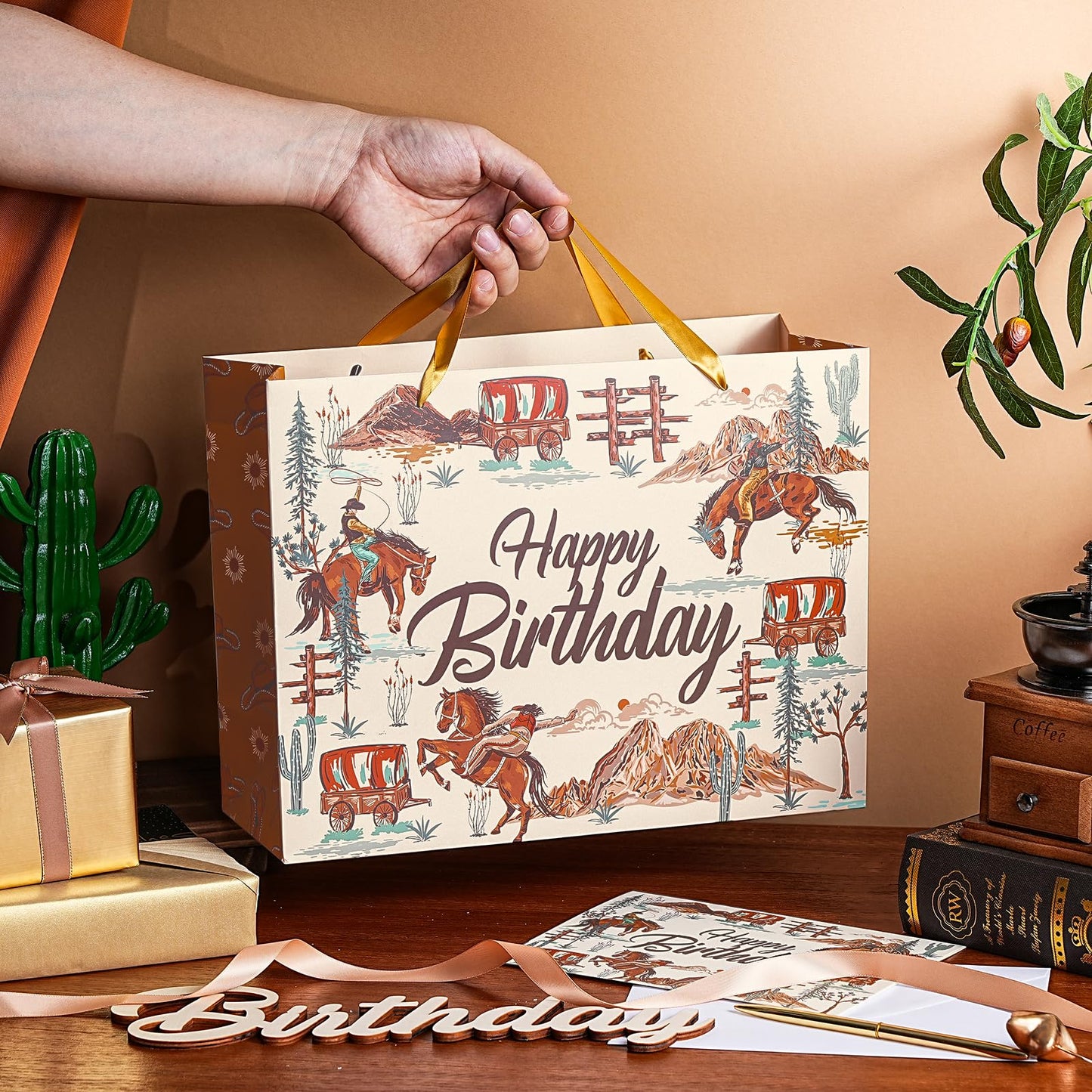 WRAPAHOLIC 13" Cowboy Birthday Gift Bags with Tissue Paper and Card - Brown Cowboy Theme Paper Bags for Men Birthday Western Theme Party Rodeo Stuffer