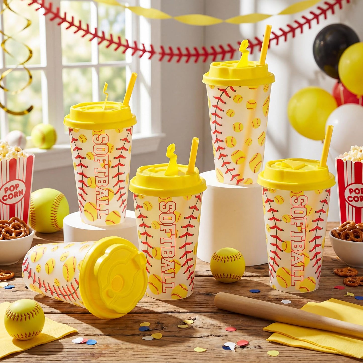 Softball Gifts for Team Includes 25 Pcs Softball Cups with Lids and Straws, Softball Party Favors Supplies 16oz Plastic Party Cups for Softball Party Decorations Birthday Team Gathering