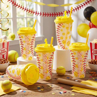 Softball Gifts for Team Includes 25 Pcs Softball Cups with Lids and Straws, Softball Party Favors Supplies 16oz Plastic Party Cups for Softball Party Decorations Birthday Team Gathering