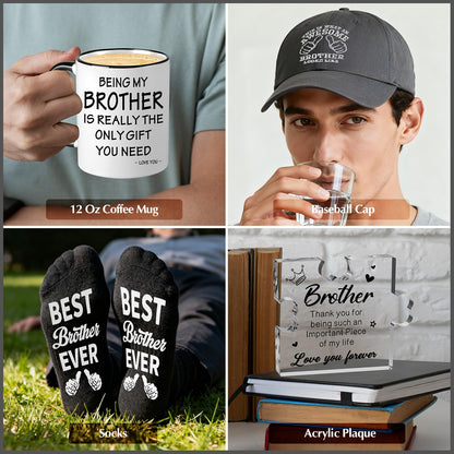 11 PCS Brother Gifts from Sister Brother with 11 Oz Coffee Mug Journal Cap Socks Acrylic Plaque Bracelet Keychain Pen, Birthday Christmas Christian Gift for Brother in Law, Son, Nephew, Grandson